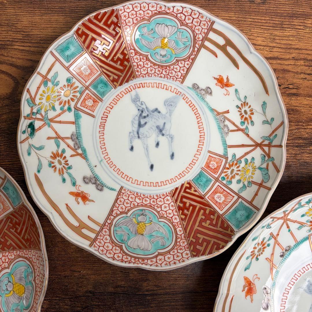 古伊万里　赤絵麒麟図七寸皿五客　大皿/中皿/アンティーク/お皿 020