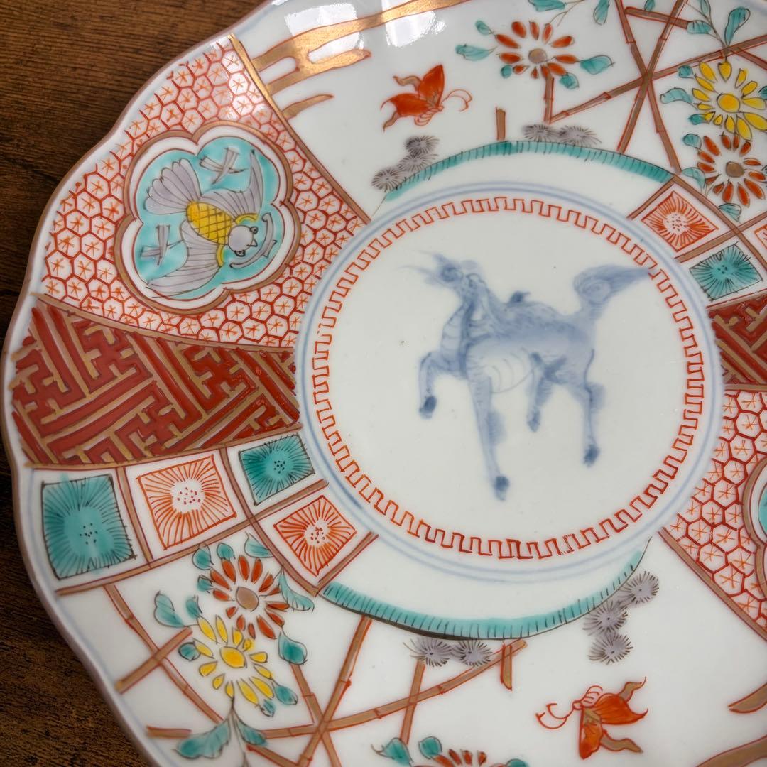 古伊万里　赤絵麒麟図七寸皿五客　大皿/中皿/アンティーク/お皿 020