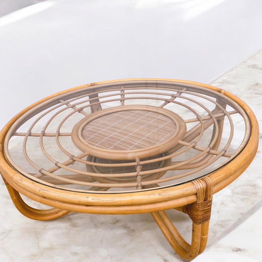 【送料込】アンティーク ラタンガラスローテーブル 藤家具 古民具 昭和レトロ