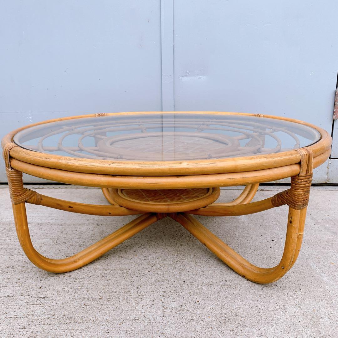 【送料込】アンティーク ラタンガラスローテーブル 藤家具 古民具 昭和レトロ