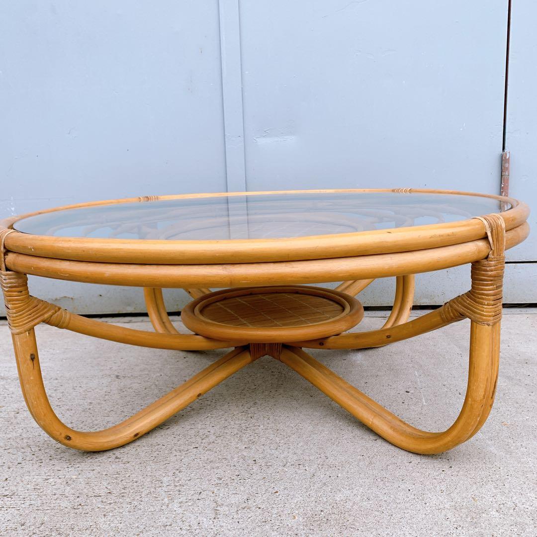 【送料込】アンティーク ラタンガラスローテーブル 藤家具 古民具 昭和レトロ