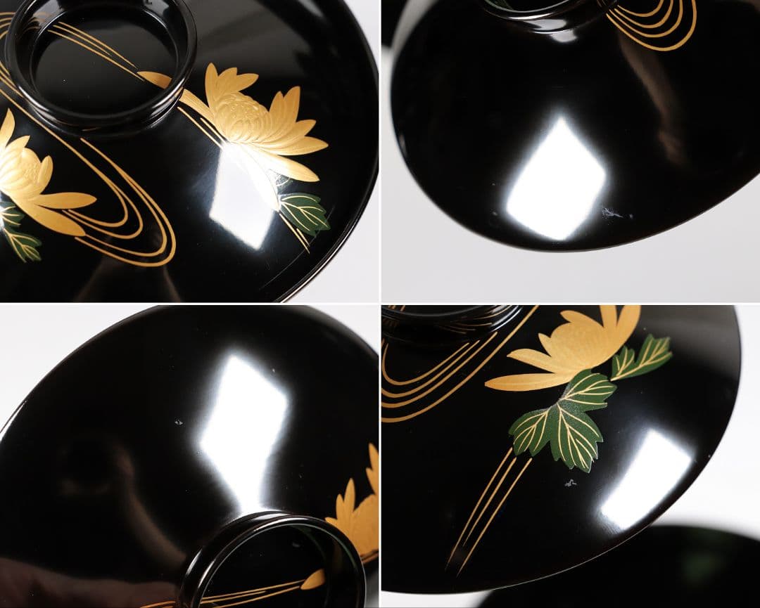 CK73 能登輪島塗 漆光堂謹製 流水菊 金蒔絵 黒塗吸物椀 九客 木箱 木製