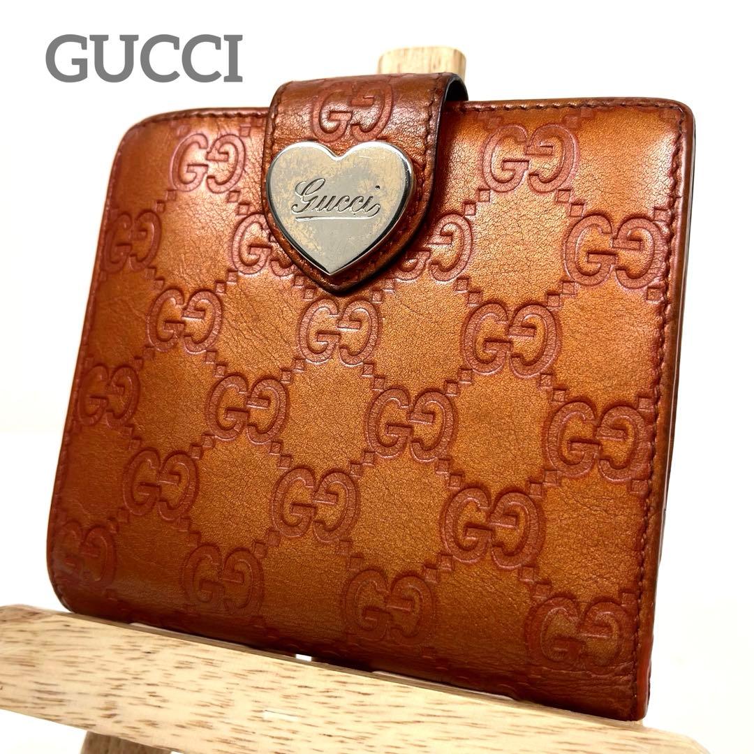 グッチ　二つ折り財布　ハートロゴプレート　GGシマレザー　型押しエンボス　美品