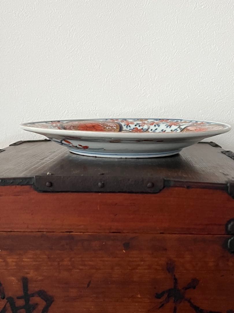 上手　江戸中期　元禄伊万里　古伊万里　染錦　桜尽　花尽　牡丹　花籠　七寸鍔皿無傷