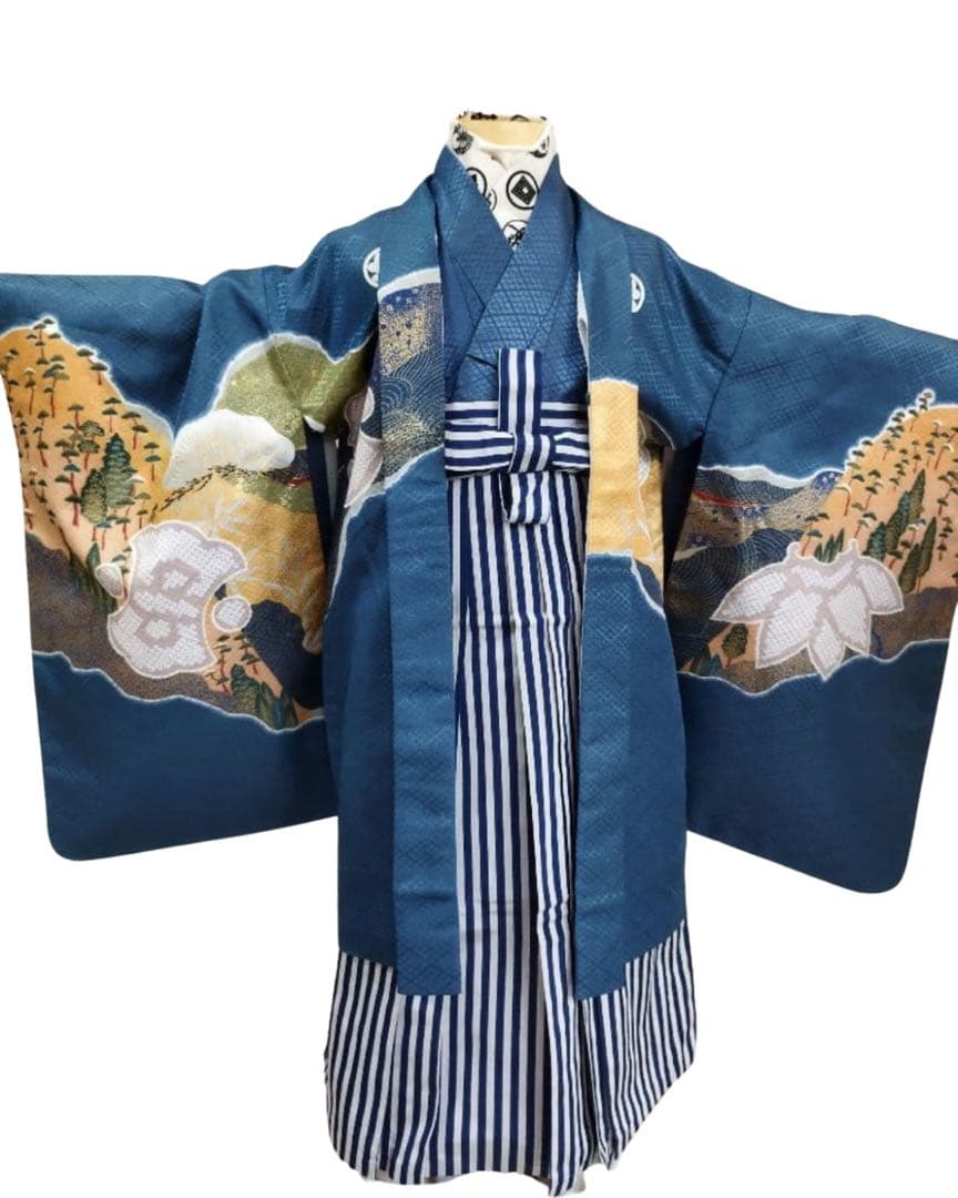 子供用 兜　刺繍 和装 青色　兄弟　リンクコーデ