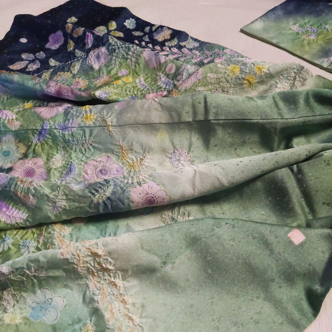 295【最終価格】翡翠色　金通し　落款辻ヶ花振袖6点フルセット成人式卒業式謝恩会