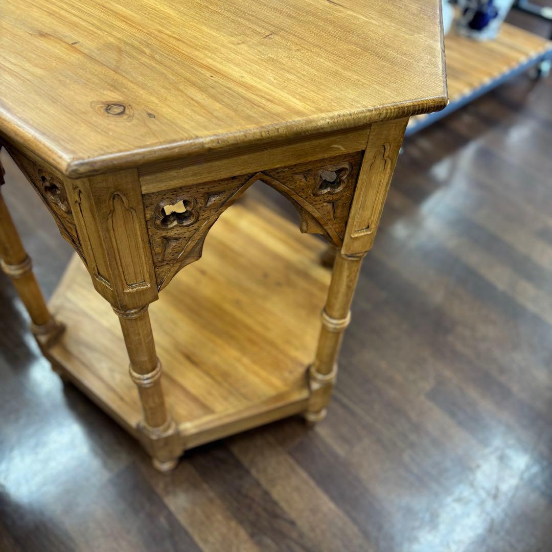 フランス田舎風家具 ゴシック風木製六角形テーブル サイドテーブル コンソール花台