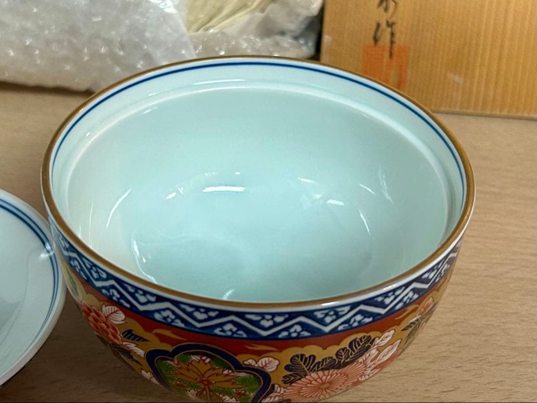 有田　日肥　其泉　極錦金彩　古伊万里蓋付碗5客　未使用