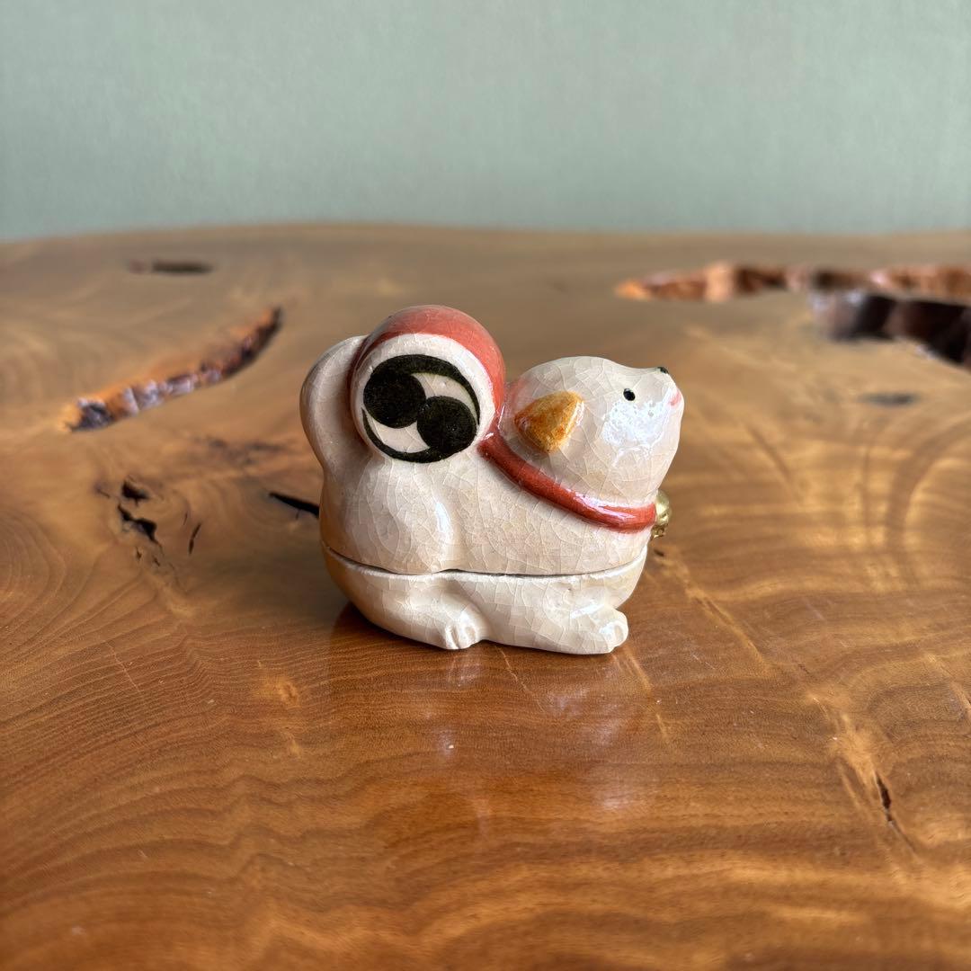 干支香合 太鼓 子犬 戌年 伊東桂楽造 楽焼 茶道具 共箱