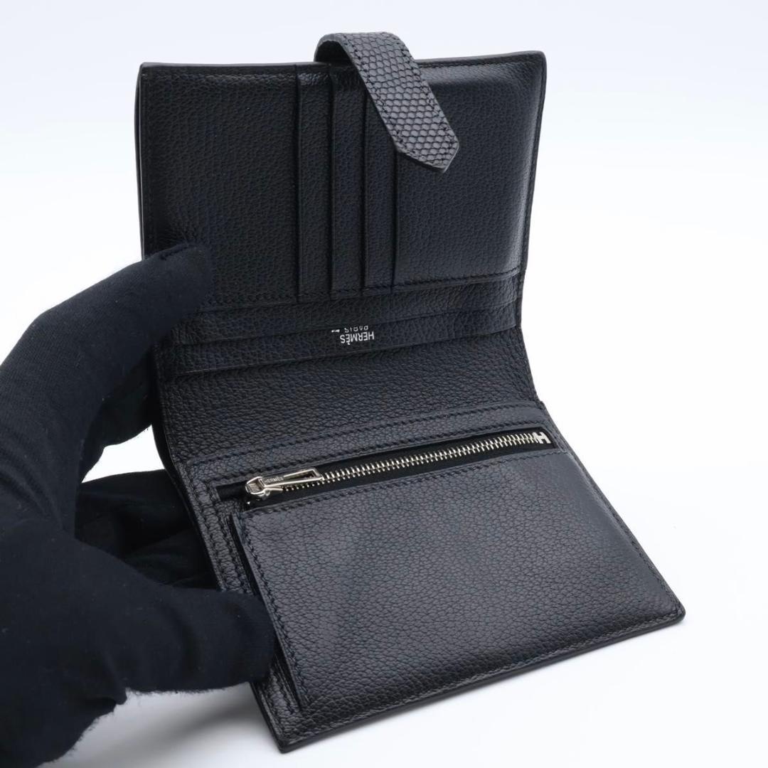 鑑定書付き【極美品】HERMES ベアンコンパクト　リザード　二つ折り財布　黒