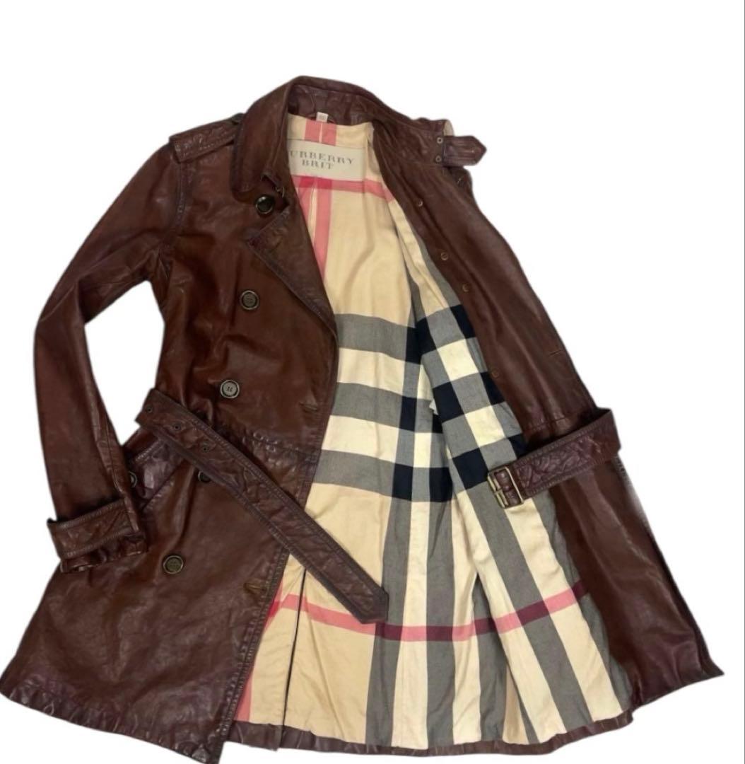希少 バーバリーブリット レザー トレンチコート レディース US-40M-L