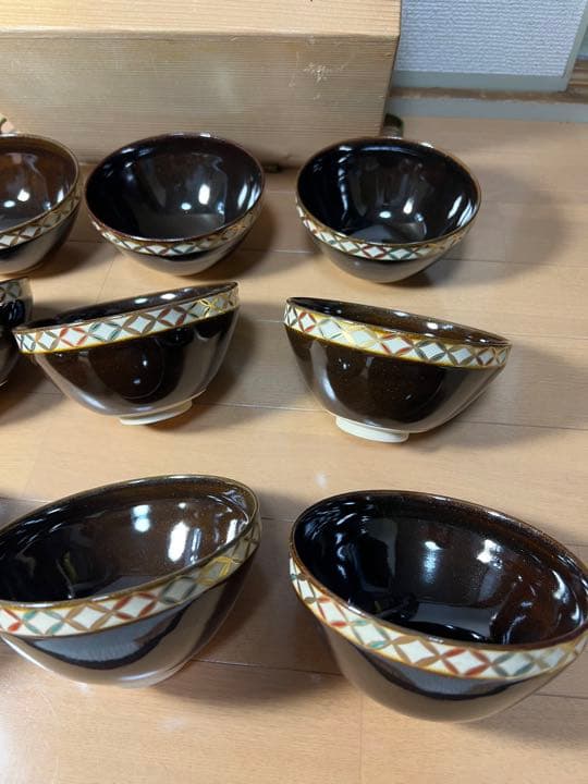 657 清栄寺窯 杉田祥平　天目色絵七宝画　茶碗　9客　未使用　　　有田焼