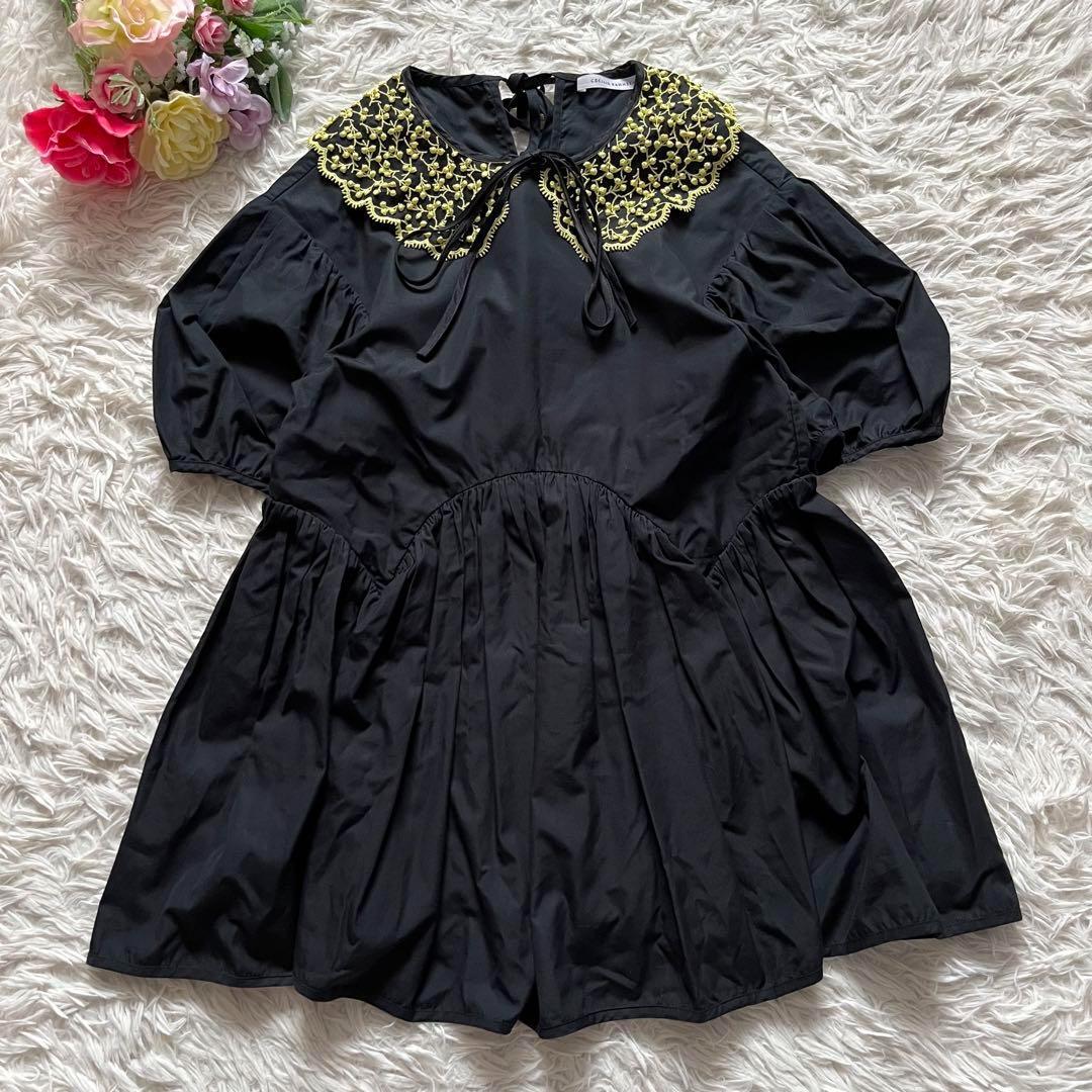 極美品■セシリーバンセン　パフスリーブ　刺繍カラー　ブラウス　シルク　黒