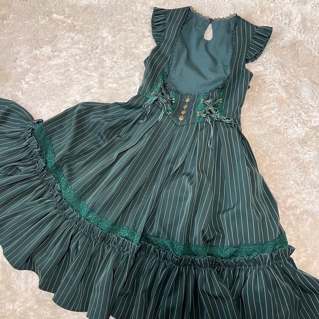 美品✨ OZZ ANGELO クラシック編み上げワンピース ストライプ グリーン