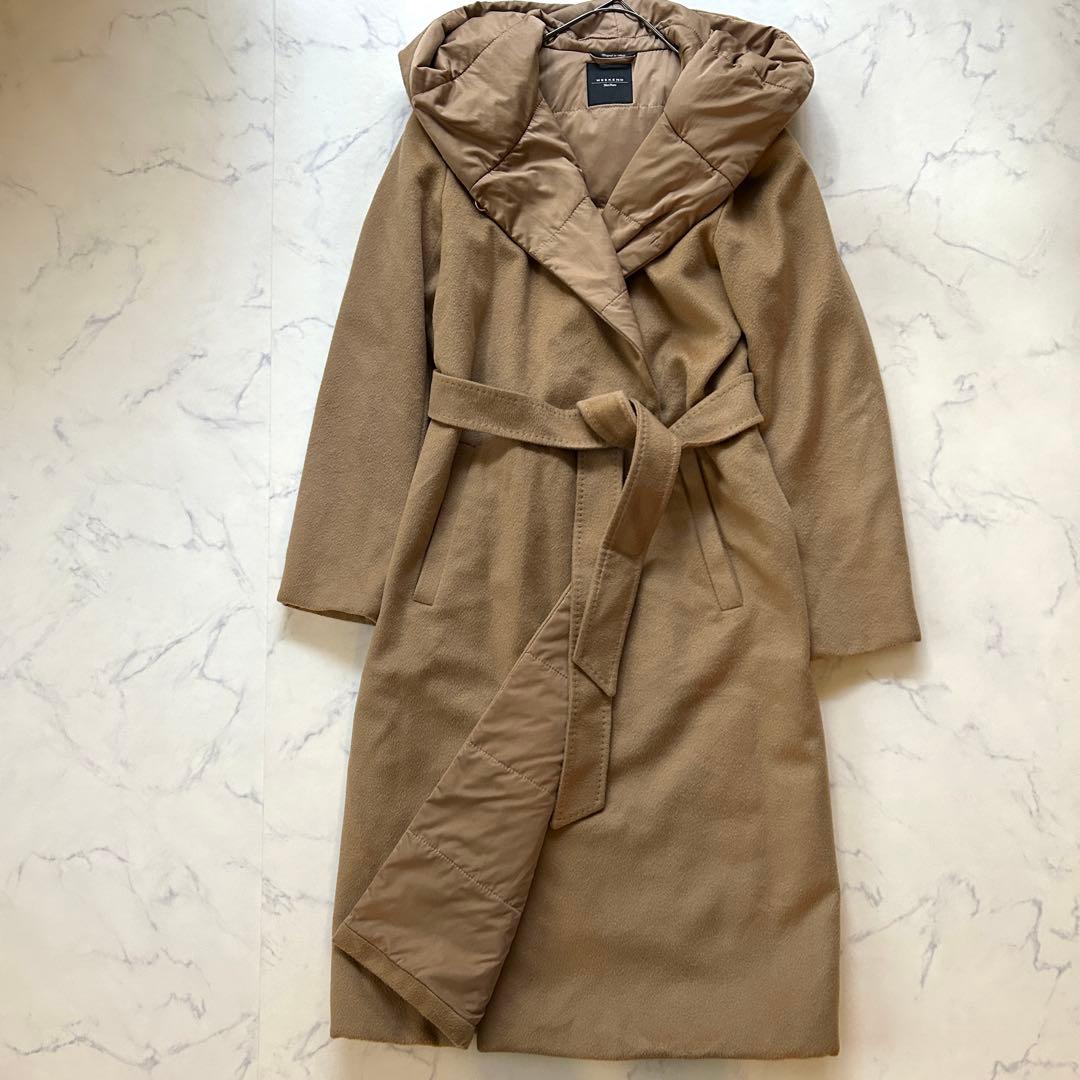 マックスマーラ シルク混コート フード ベルト 近年モデル キャメル