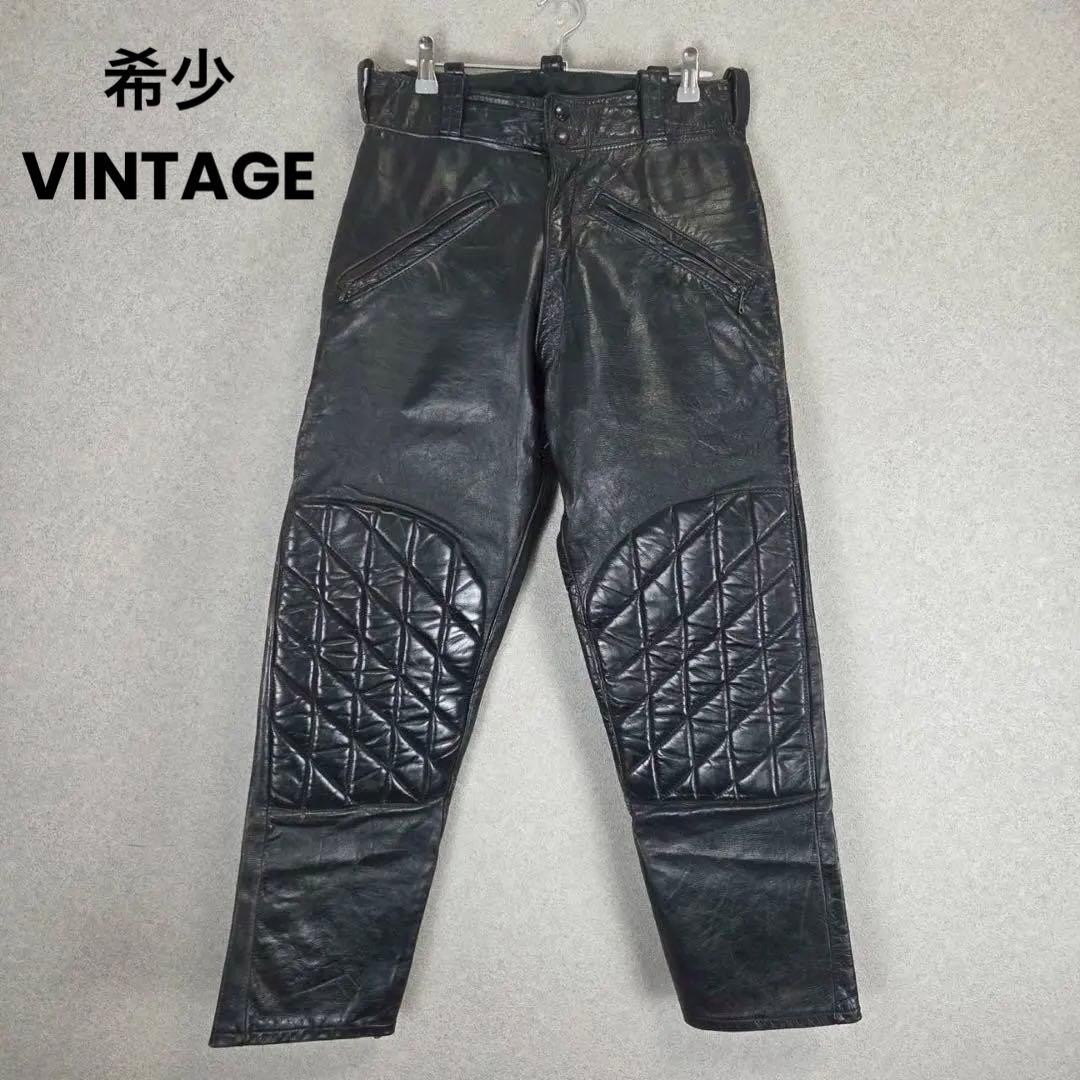 希少 VINTAGE キルティング ダブルニー レザーパンツ 牛革
