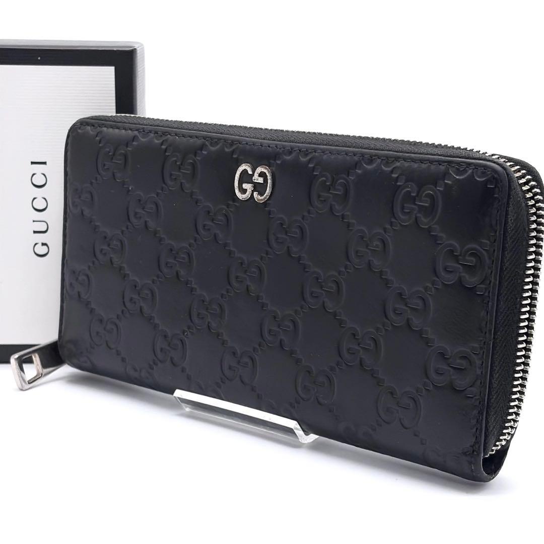 グッチ　長財布　ラウンドファスナー　シマ　インターロッキング　ブラック