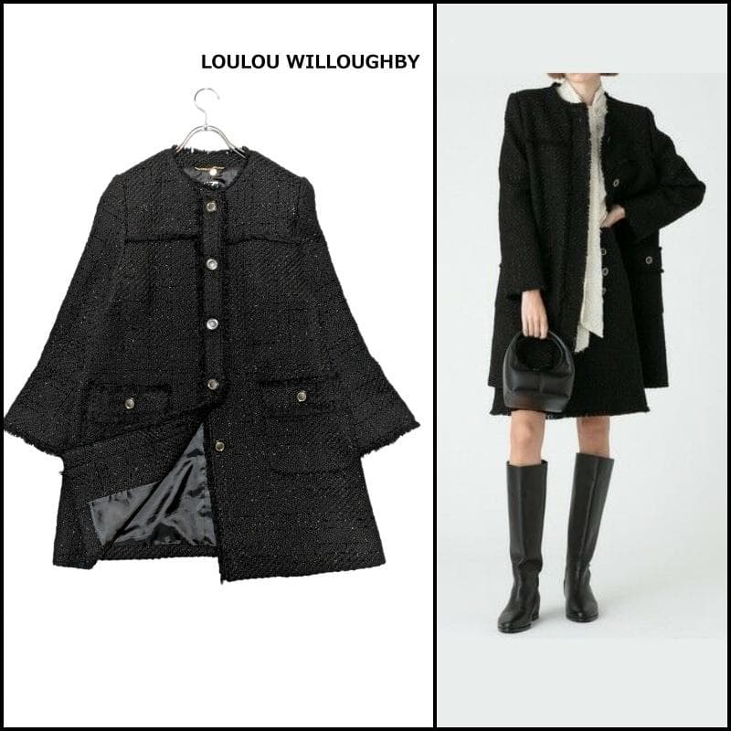 美品 23年AW ルルウィルビー ジオリカラメツイードクルーコート ブラック