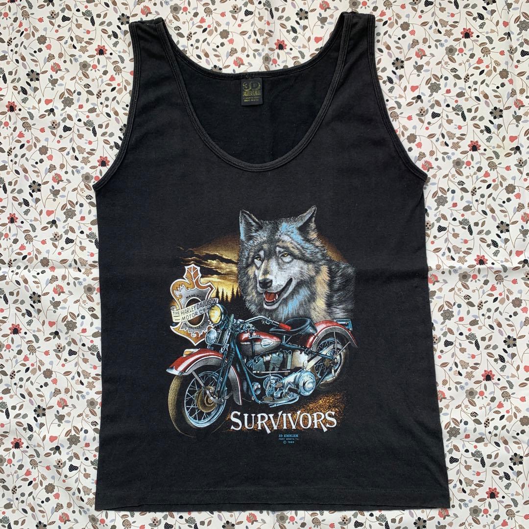 80s 3Dエンブレム　ハーレーダビットソン　タンクトップ　オオカミ　USA製