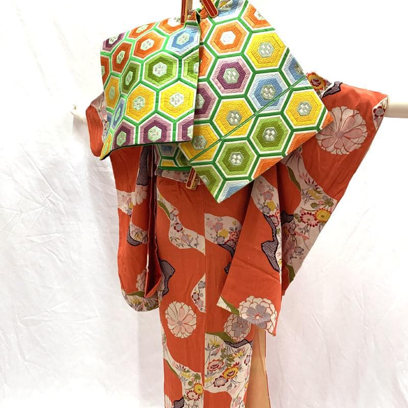 409aj72■十三参り 卒業式 アンティークジュニア着物＆袋帯■良好