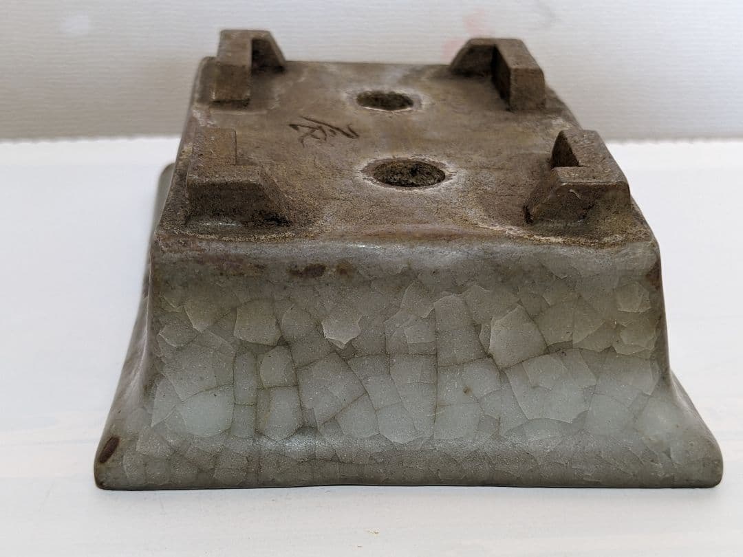 ♦小品盆栽鉢 辰の釘彫り印 長方形四足ミニ盆栽鉢？中国 国内 古美術骨董品