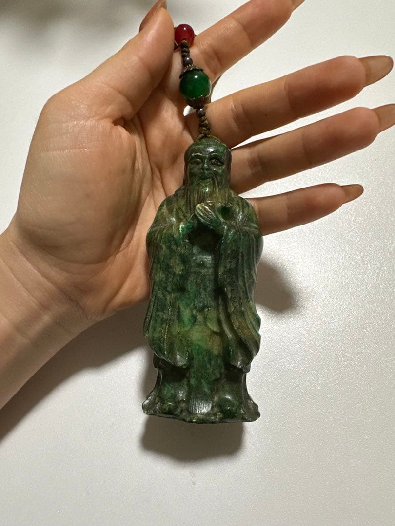 古翡翠 彫刻像 9cm 368g｜モンゴル翡翠 福神座像 天然石 骨董 美術品