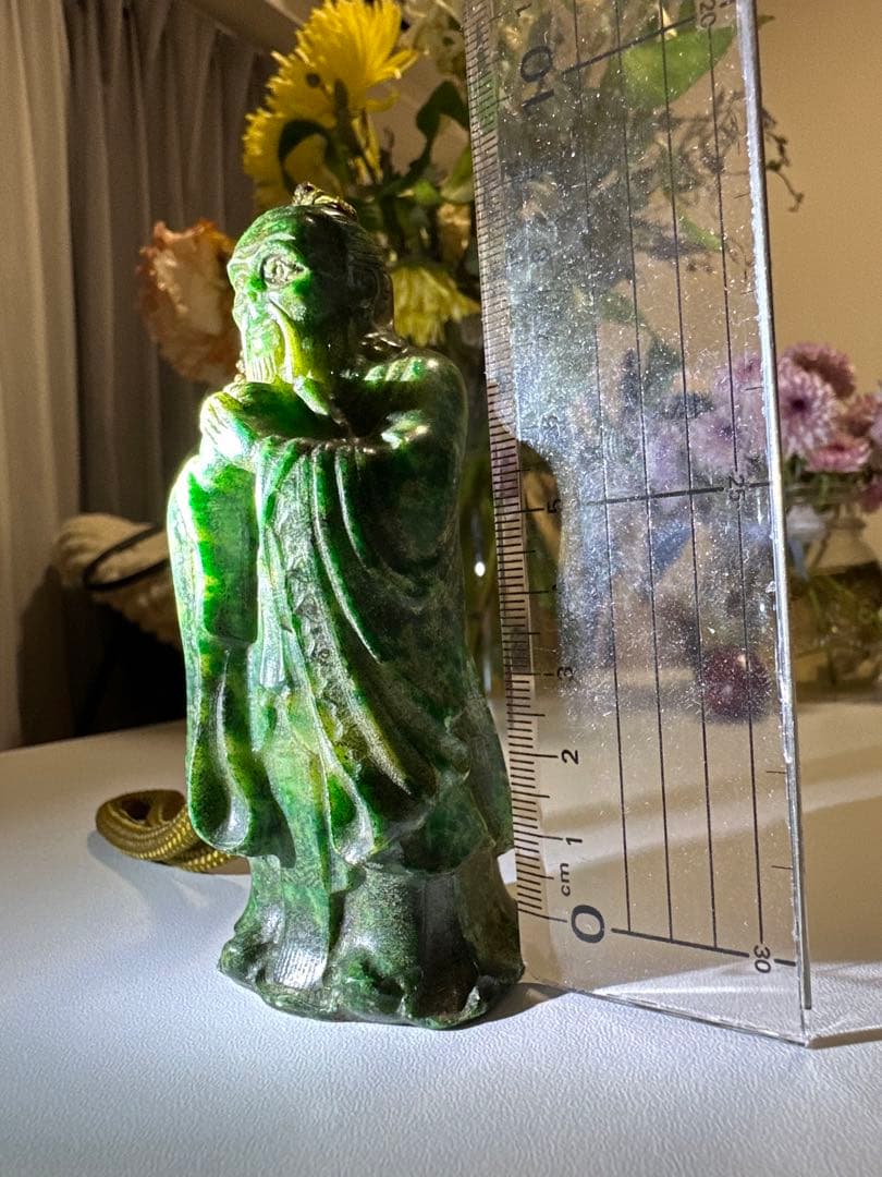 古翡翠 彫刻像 9cm 368g｜モンゴル翡翠 福神座像 天然石 骨董 美術品