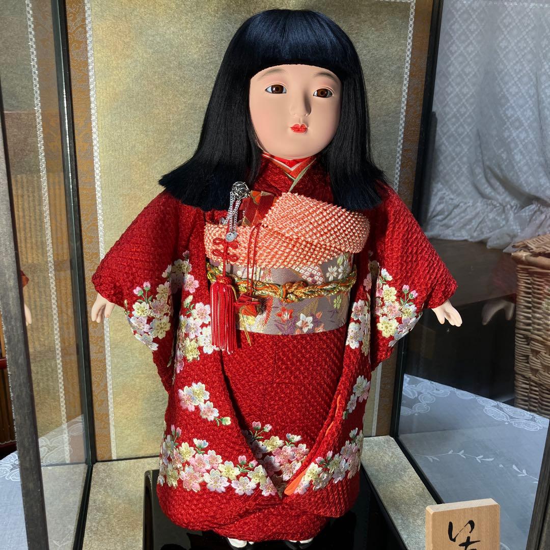 市松人形 ガラスケース入り 赤地桜着物 銘札あり