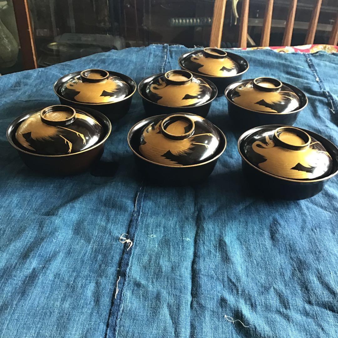 漆器 蓋付き椀 輪島塗　骨董　金蒔絵　鶴　7個セット
