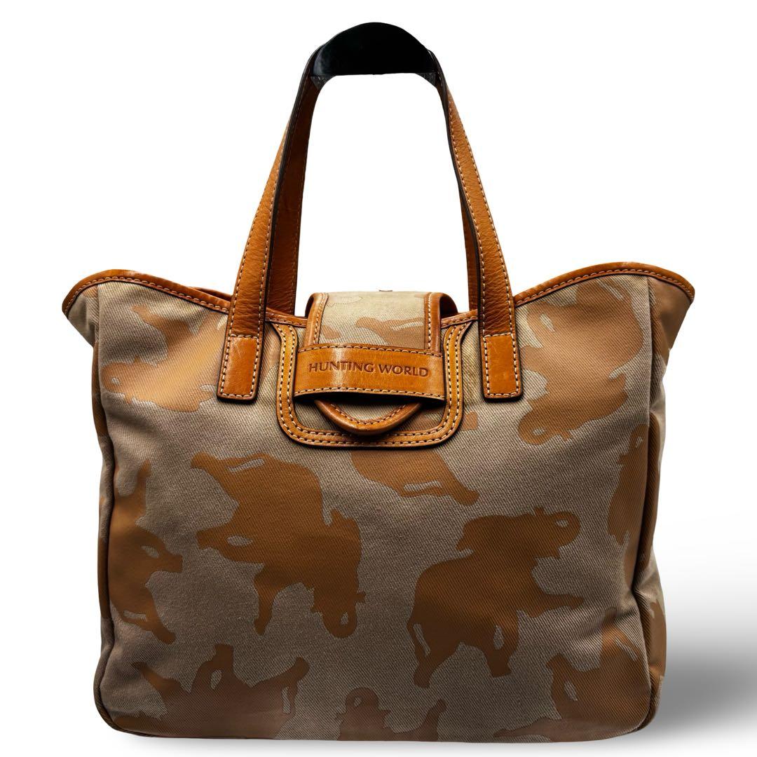 【良品】ハンティングワールド　トートバッグ　ロゴ柄　肩掛け　レザー　キャンバス