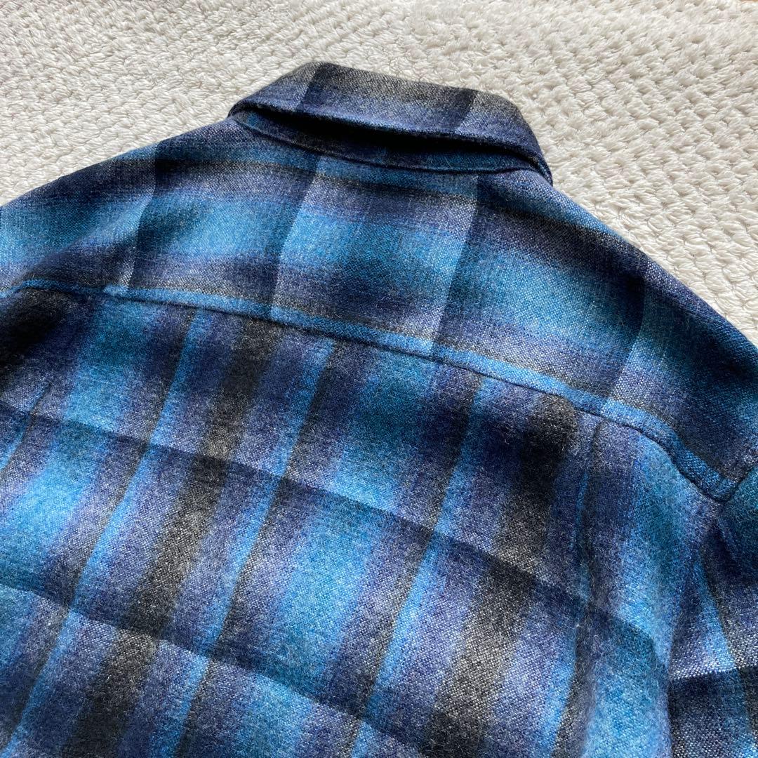 青 黒 オンブレ チェック 70s ビンテージ ウールシャツ ボードシャツ FJ