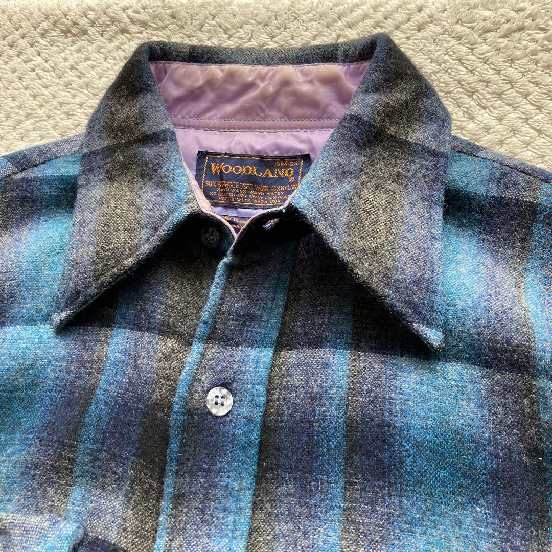 青 黒 オンブレ チェック 70s ビンテージ ウールシャツ ボードシャツ FJ