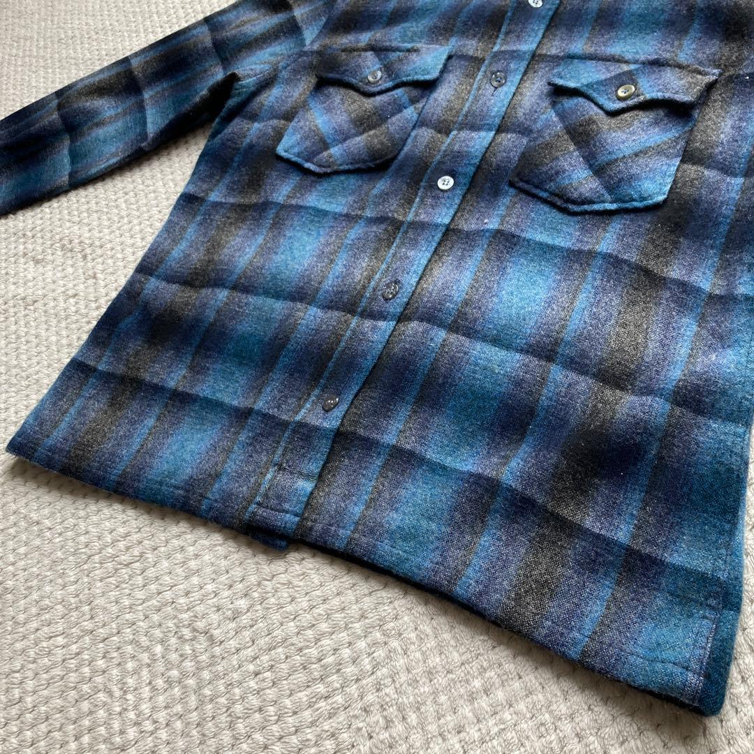 青 黒 オンブレ チェック 70s ビンテージ ウールシャツ ボードシャツ FJ