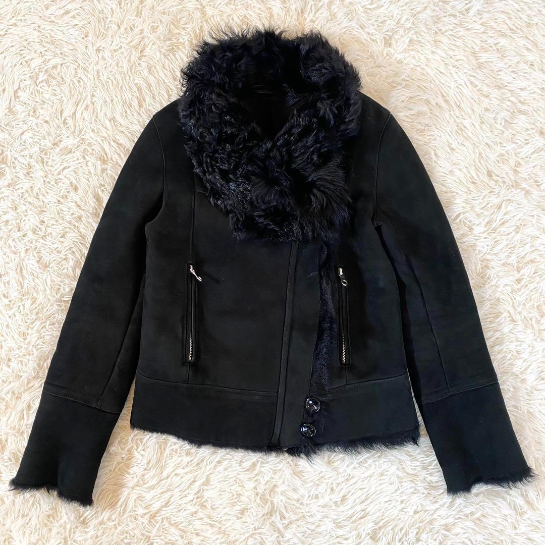 美品 スタニングルアー ムートン 羊革 ファー ライダースジャケット ダブル 黒