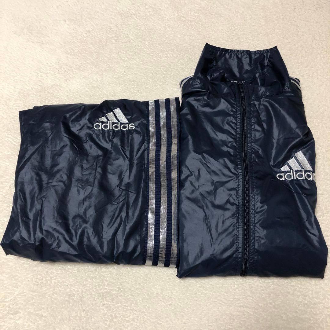 美品　adidas ウインドブレーカー上下　ネイビー　光沢シルバーライン　高配色