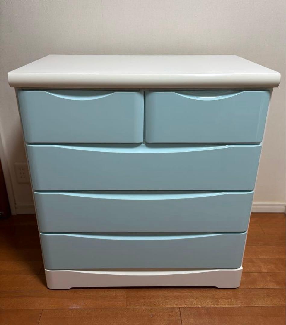 木製チェスト　タンス　5段　ブルー　水色