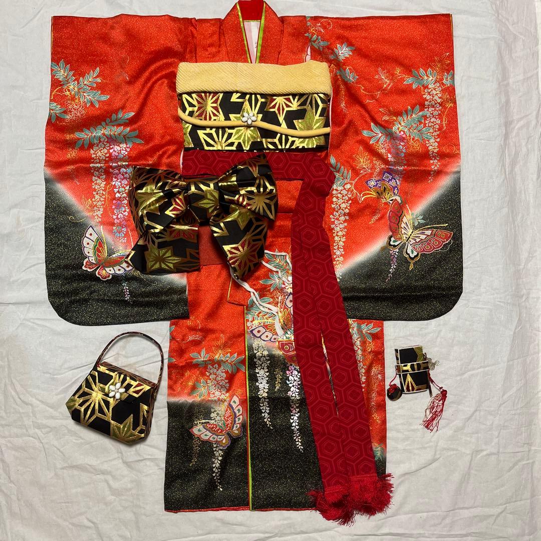 七五三　7歳　作り帯　正絹　赤　黒　蝶々　アンティーク