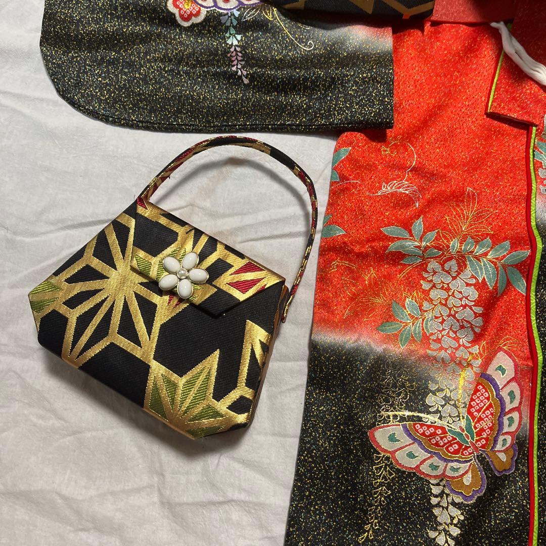 七五三　7歳　作り帯　正絹　赤　黒　蝶々　アンティーク