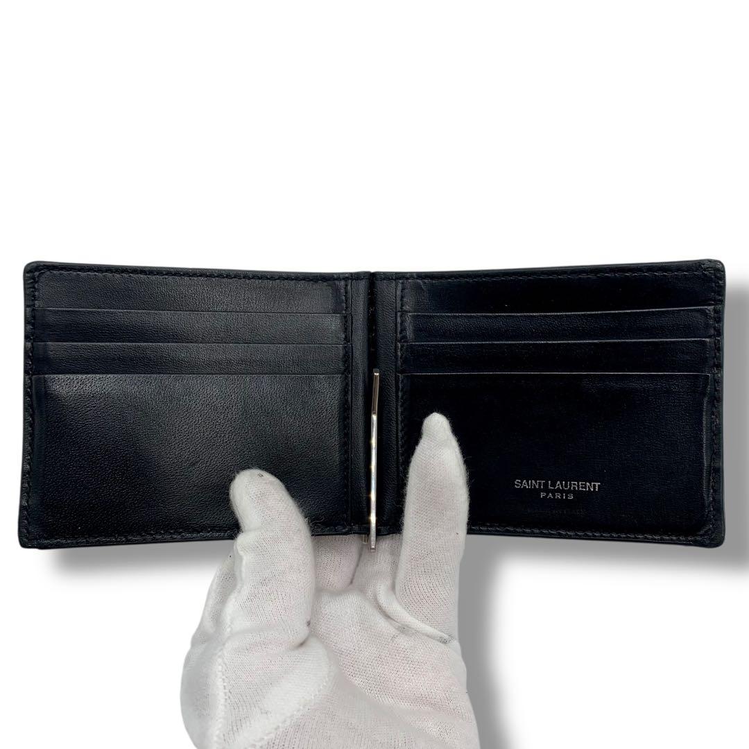美品✨イヴサンローラン マネークリップ カサンドラ 二つ折り レザー ブラック