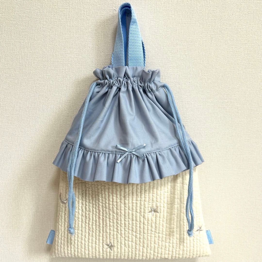 入園入学3点セット　【月と星ヌビ×水色】　女の子　レッスンバッグ　手提げ
