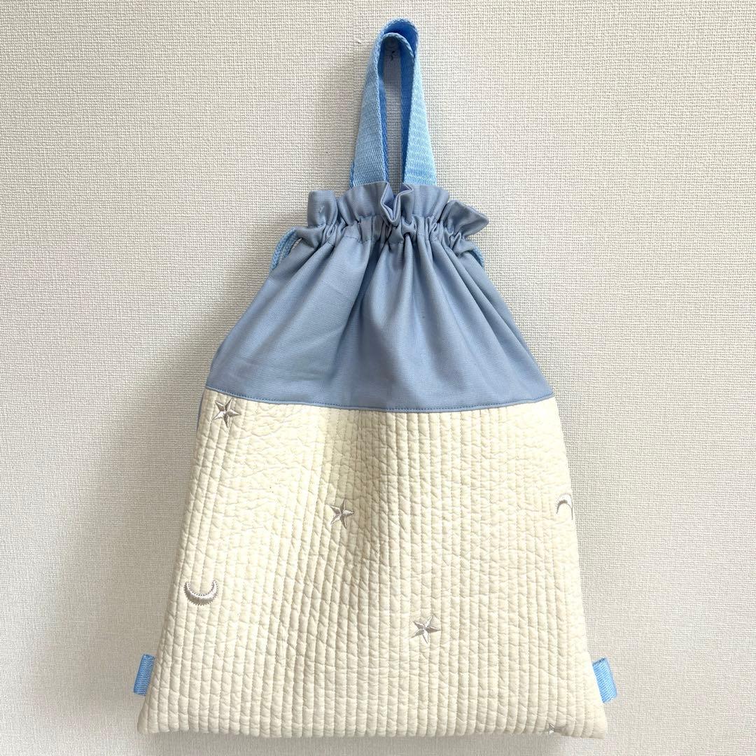入園入学3点セット　【月と星ヌビ×水色】　女の子　レッスンバッグ　手提げ