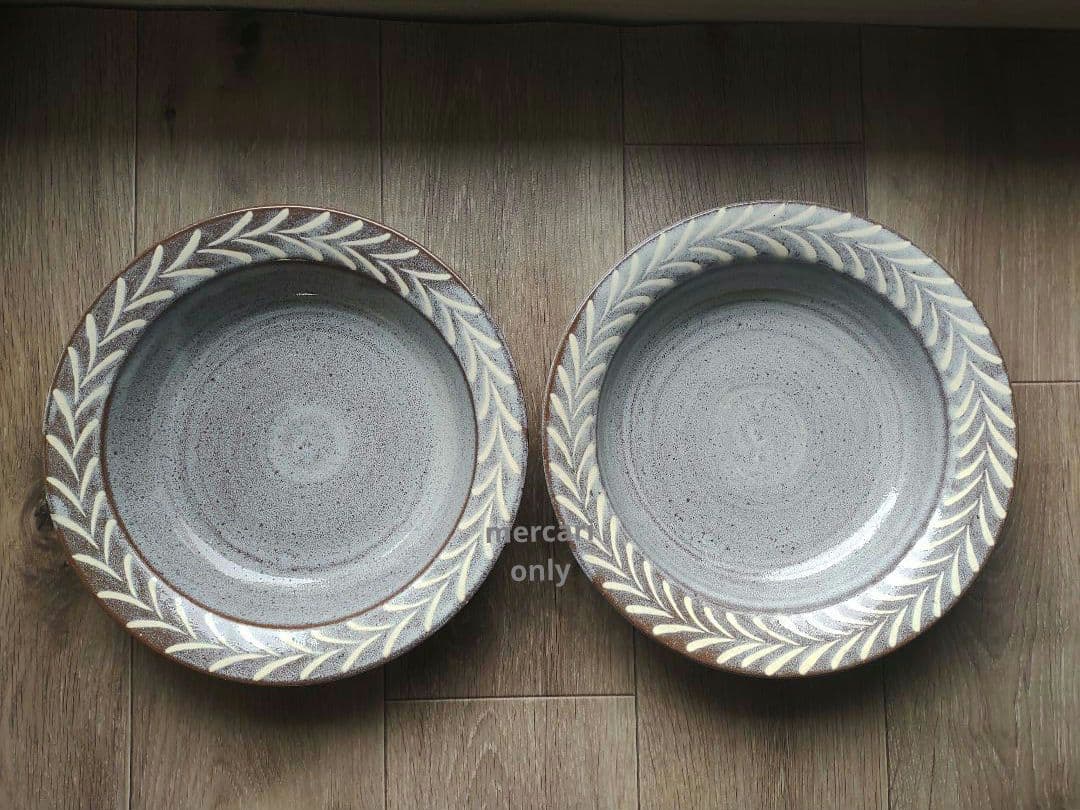 【じゅんさま専用です】薄灰茶　象嵌リーフ深皿26.5cm2枚・湯のみ二つ