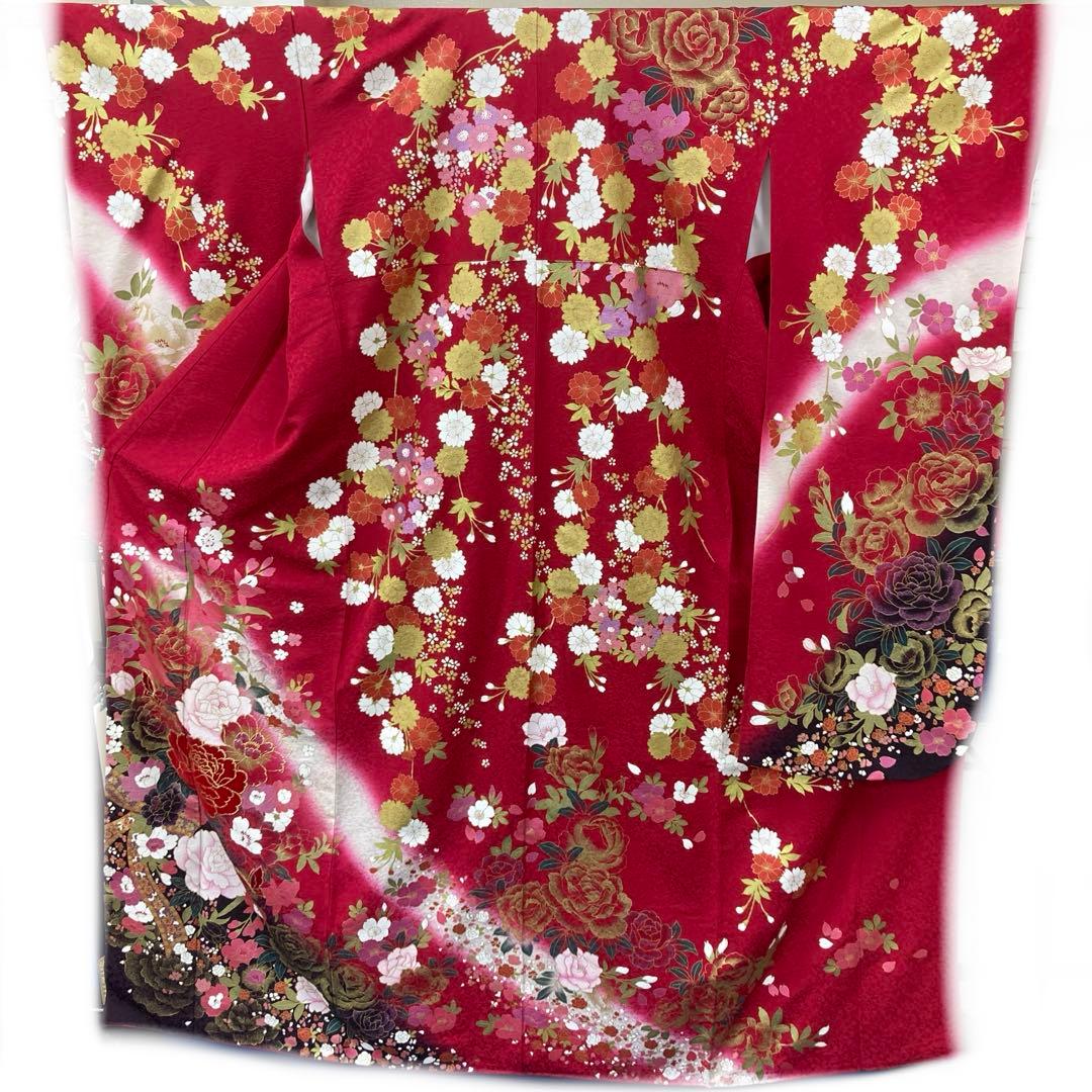 ☆中古品☆振袖　単品　正絹　赤系花模様B級品難あり振袖