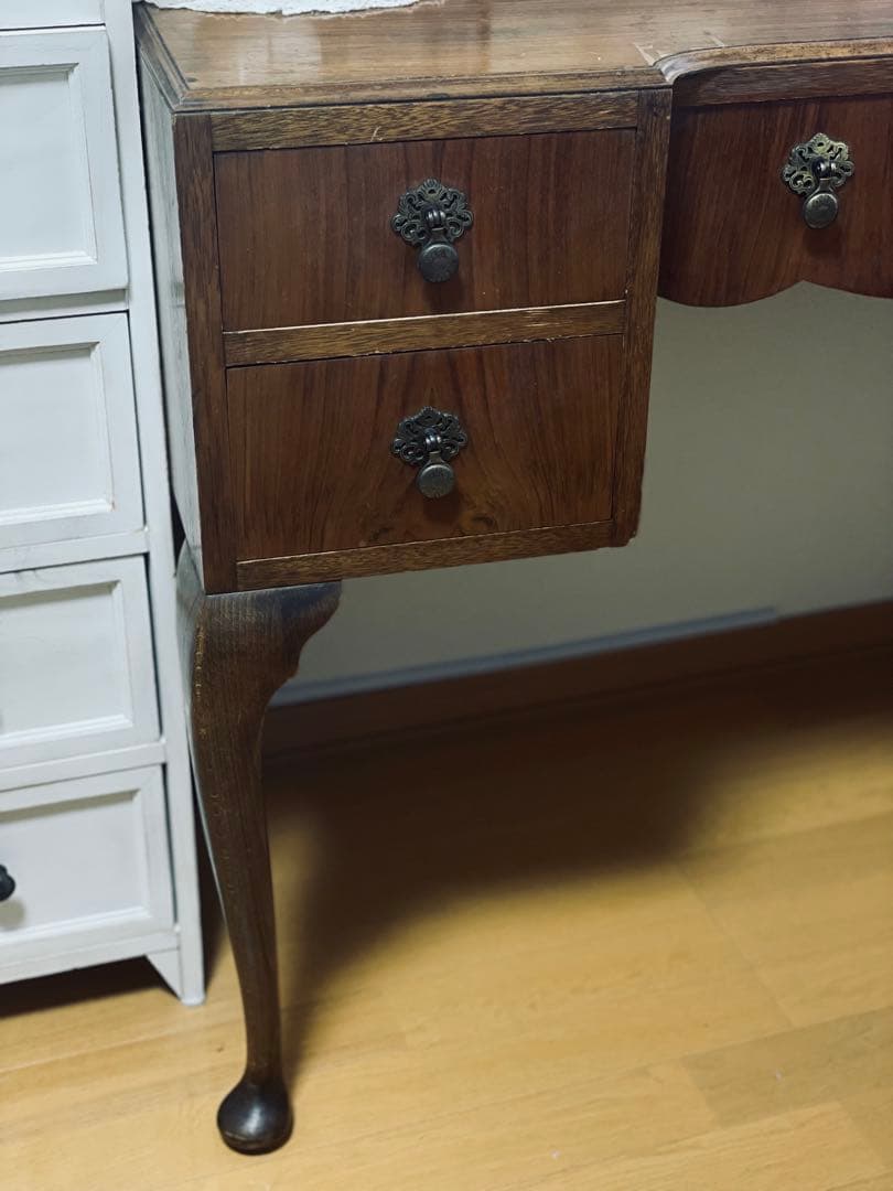 アンティーク猫足 木製三面鏡ドレッサー／英国 ブラウン 室蘭市引取or発送可