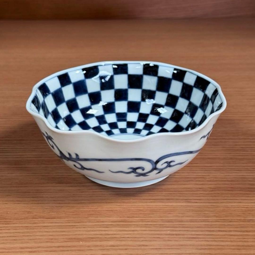有田焼 李荘窯 染付市松文 輪花鉢 2客セット☆