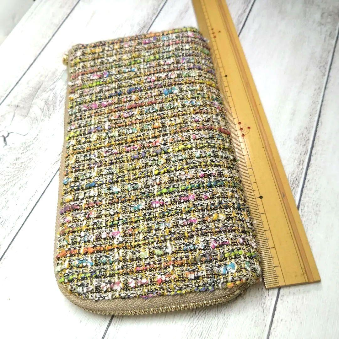 L字ファスナー長財布、ハンドメイド、帆布モカ、ファンシーツイード