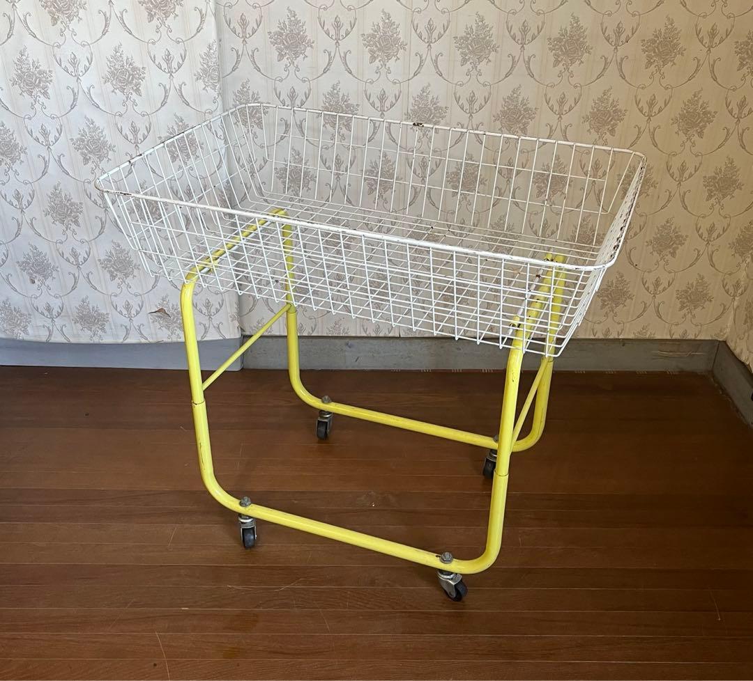【アンティーク】昭和レトロ 黄色脚 白カゴ キャスター付ワイヤーラック 古道具