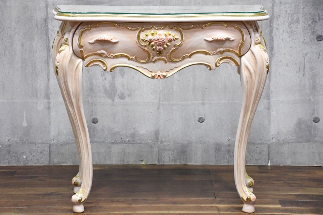 FAC57 ロココ調 猫脚 レリーフ コンソールデスク トールペイント クラック