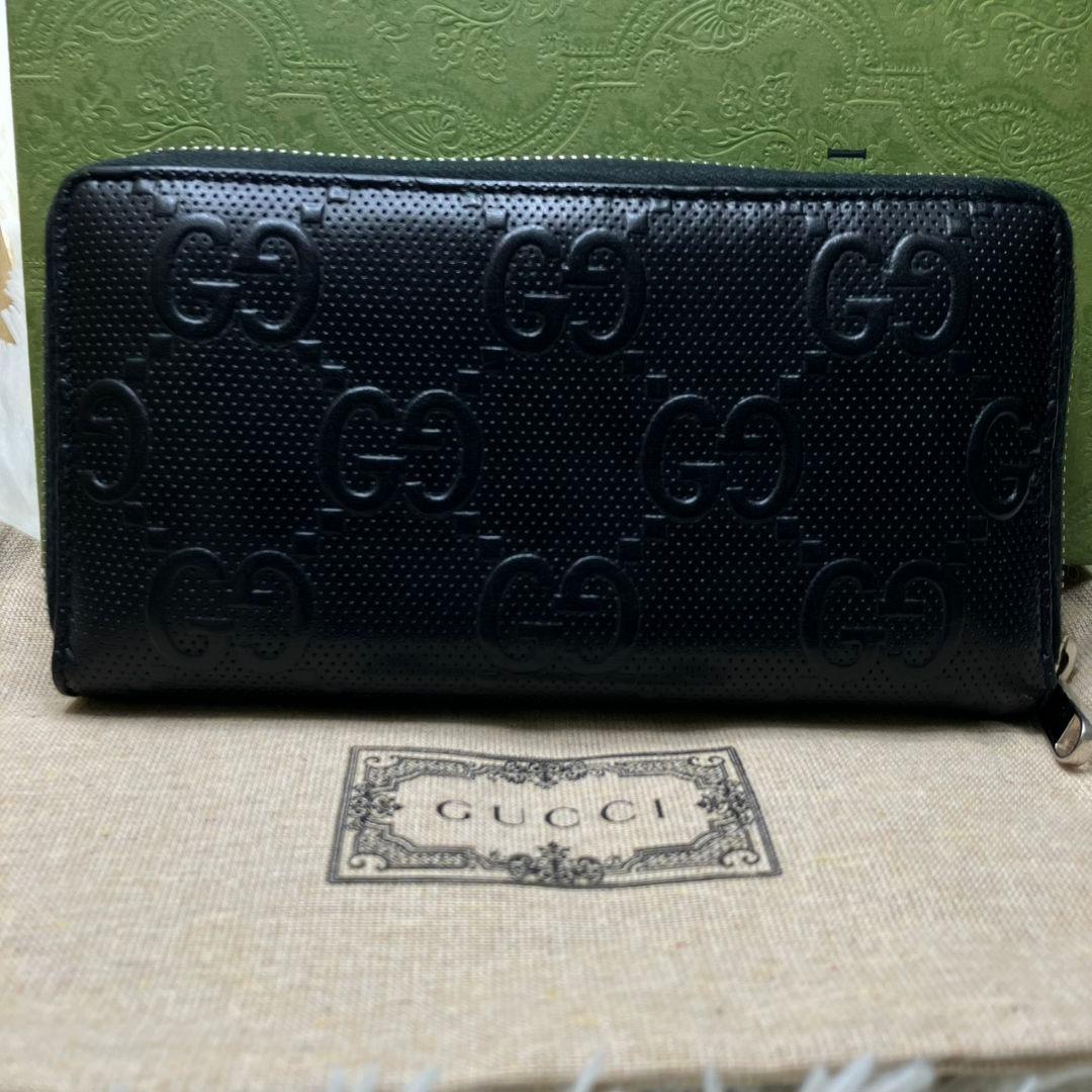 極美品 GUCCI グッチ 長財布 GGエンボス ファスナー ブラック 保存袋付