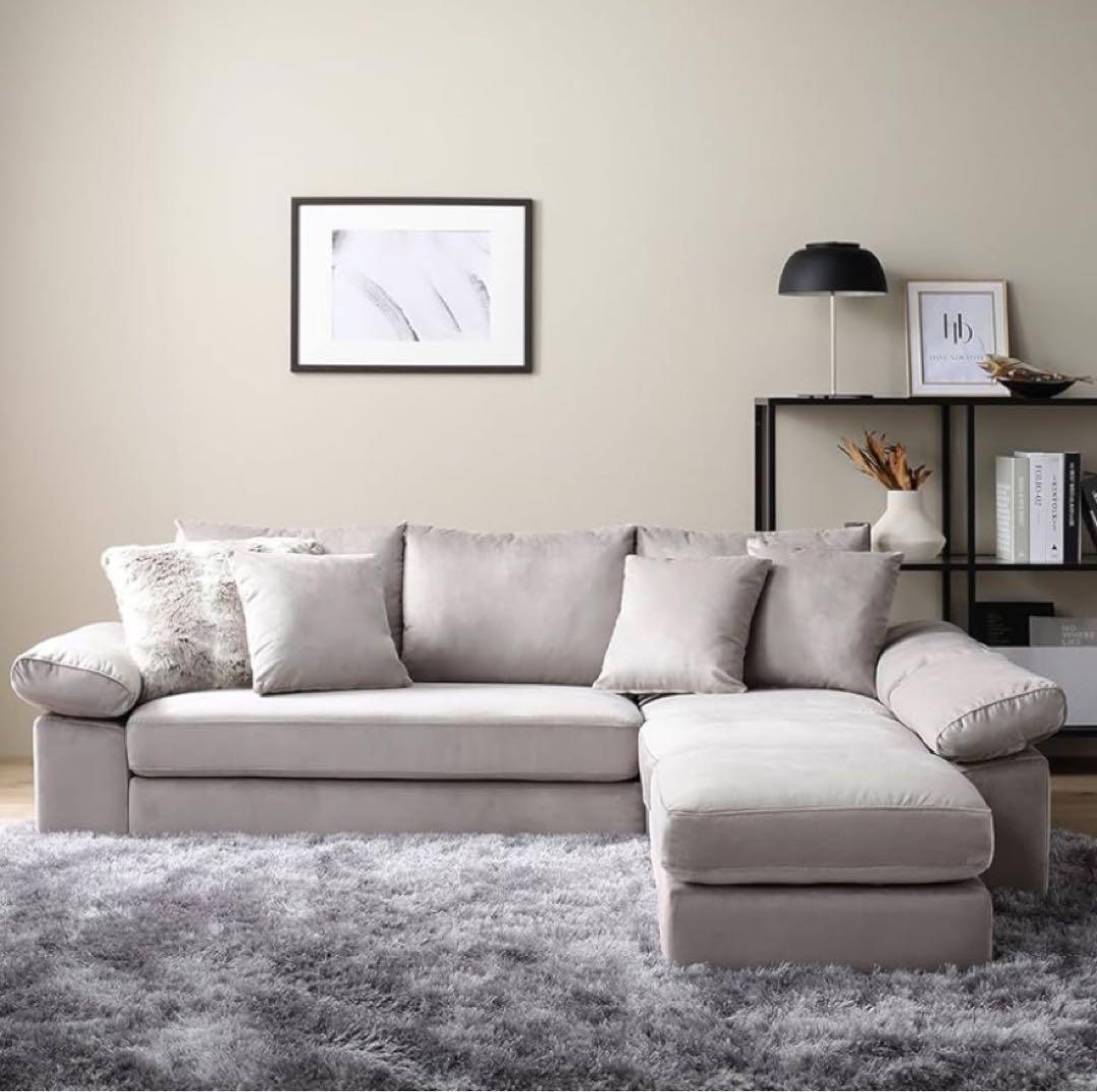 ライトグレー コーナーソファ オットマン付き